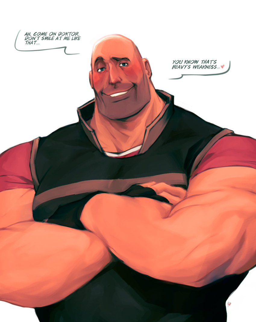 1boy, absurdres, bald, black_gloves, black_vest, blush, crossed_arms, english_text, facial_hair, fingerless_gloves, gloves, heavy_(tf2), highres, male_focus, muscular, red_shirt, shirt, simple_background, smile, solo, speech_bubble, stubble, t-shirt, team_fortress_2, vest, virtuellesterne, white_background