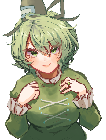 1girl, black_headwear, closed_mouth, commentary_request, cross-laced_clothes, green_eyes, green_hair, hat