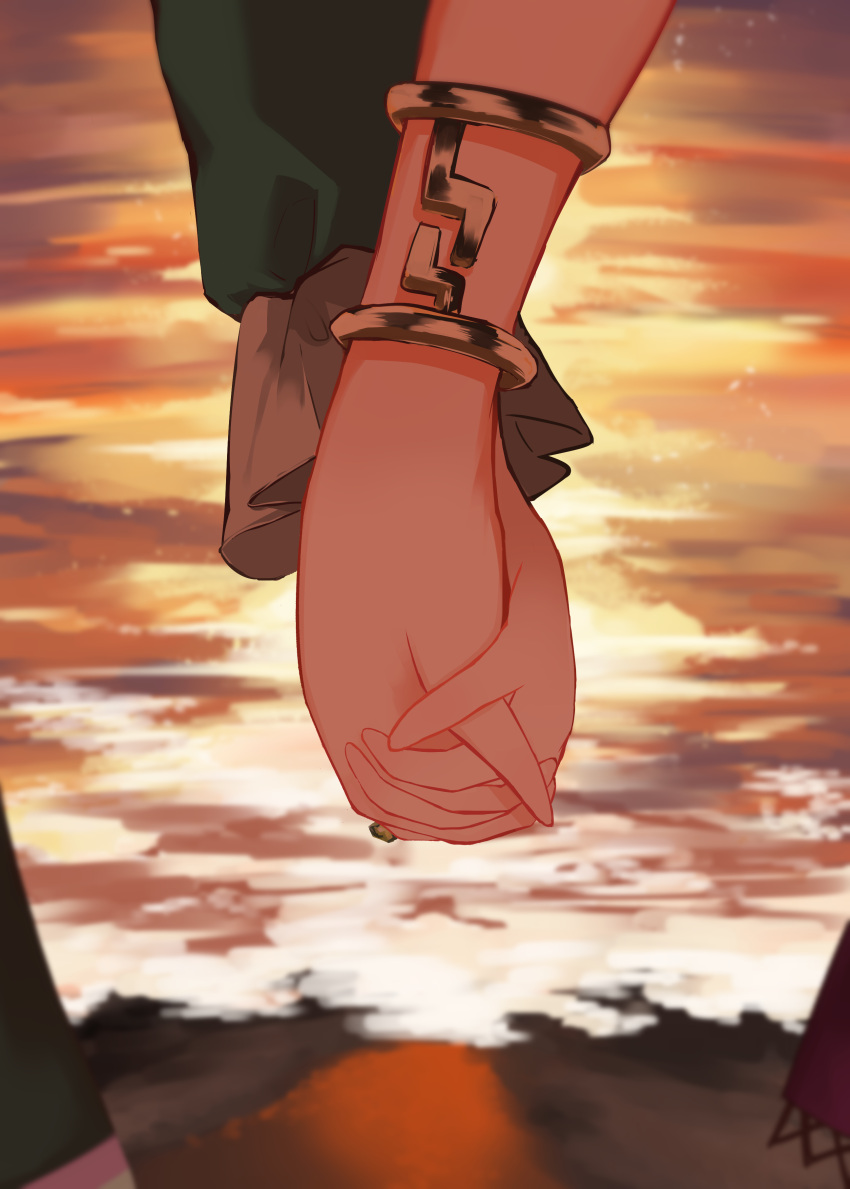 2girls, absurdres, bracelet, commentary_request, hand_focus, highres, holding_hands, jewelry