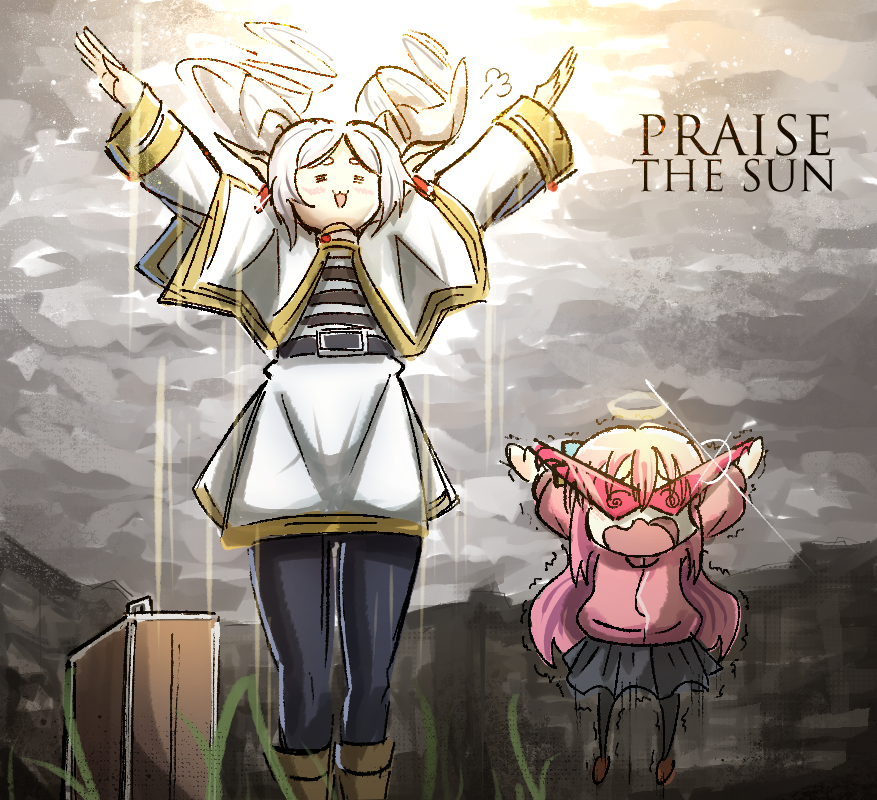 2girls, belt, blush, bocchi_the_rock!, boots, capelet, clouds, cloudy_sky, coat, dark_souls_(series), dark_souls_i, english_text, frieren, gotoh_hitori, grass, halo, kamina_shades, long_hair, multiple_girls, on_grass, ononotsu, open_mouth, pantyhose, pink_hair, pointy_ears, praise_the_sun, skirt, sky, sousou_no_frieren, stretching, sun, sunglasses, sunlight, sweater, tongue, trembling, twintails, white_hair