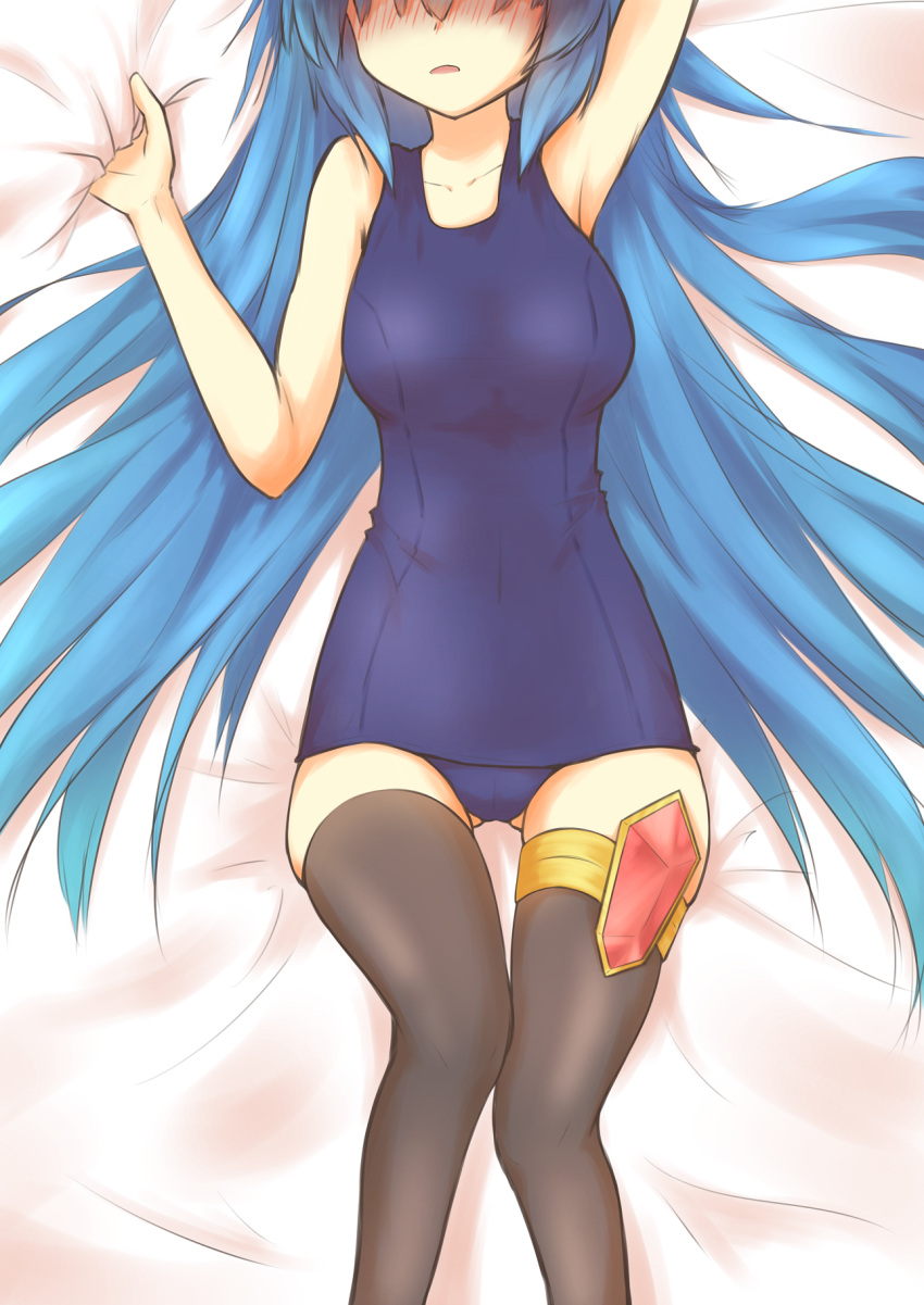 1girl, ass_visible_through_thighs, asymmetrical_legwear, black_thighhighs, blue_hair, blue_one-piece_swimsuit, blue_panties, blush, breasts, collarbone, gem, highres, hikounin_sentai_akibaranger, ichikawa_aoi, inasotsu, large_breasts, long_hair, nijiyome_gakuen_z-cune_aoi, one-piece_swimsuit, open_mouth, panties, red_gemstone, school_swimsuit, solo, swimsuit, thigh-highs, underwear