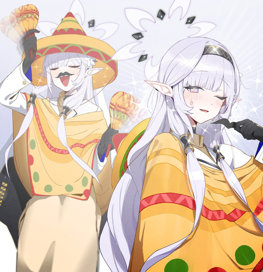 1girl, black_gloves, black_hairband, blue_archive, closed_eyes, fake_facial_hair, fake_mustache, flower