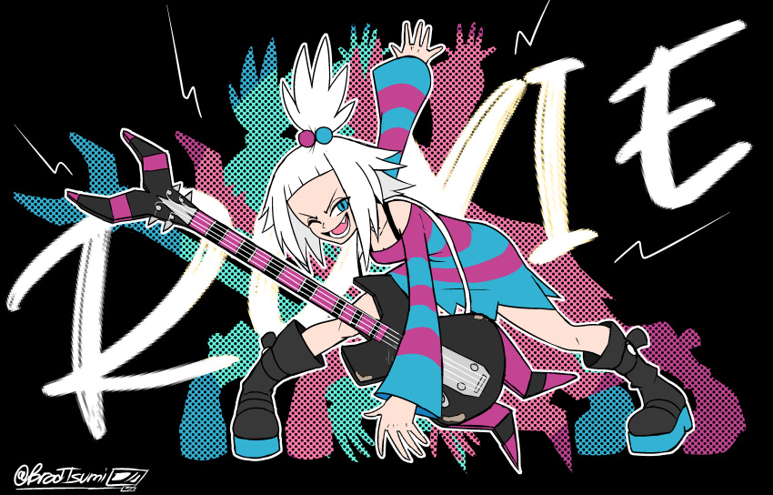 1girl, absurdres, black_footwear, blue_eyes, boots, brodtsumi, character_name, collarbone