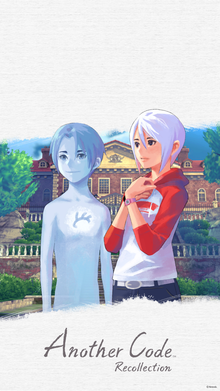 1boy, 1girl, another_code, another_code_recollection, ashley_mizuki_robbins, clock, d_(another_code), denim