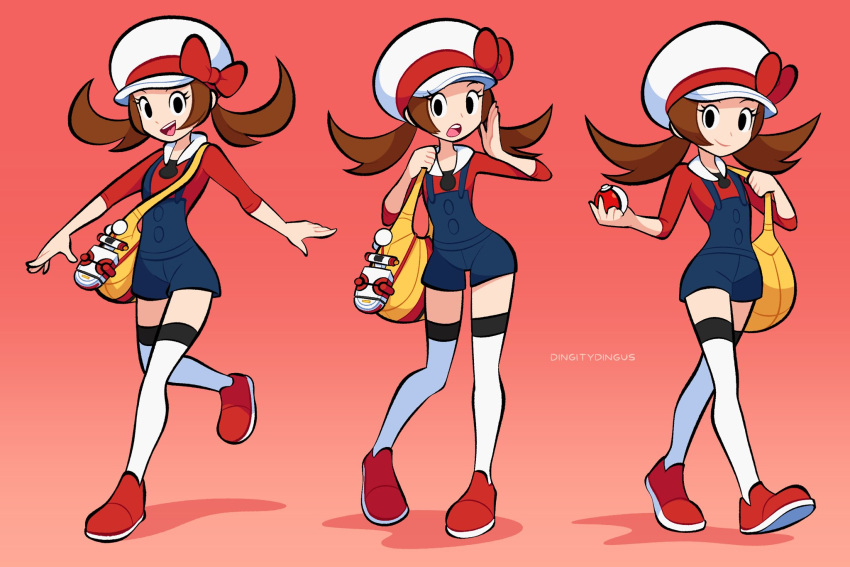 1girl, artist_name, bag, black_eyes, blue_overalls, brown_hair, cabbie_hat, closed_mouth, eyelashes, full_body, hat, highres, holding, holding_poke_ball, long_hair, looking_at_viewer, lyra_(pokemon), multiple_views, open_mouth, overalls, poke_ball, poke_ball_(basic), pokegear, pokemon, pokemon_hgss, red_background, red_footwear, red_shirt, shirt, shoes, shoulder_bag, smile, teeth, thigh-highs, twintails, upper_teeth_only, vinny_(dingitydingus), white_headwear, white_thighhighs, yellow_bag