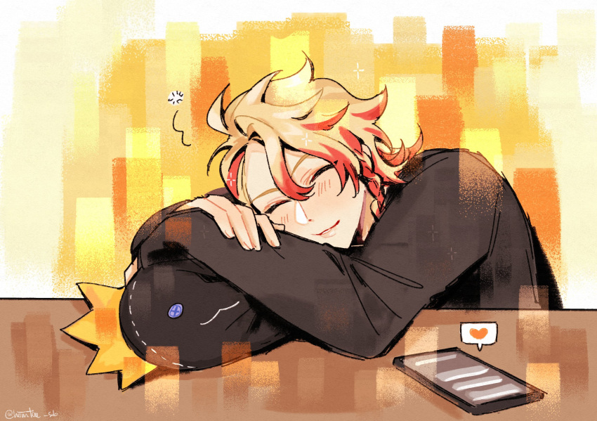 1boy, :3, animal-shaped_pillow, artist_name, axel_syrios, axelotl_(axel_syrios), axolotl, black_shirt