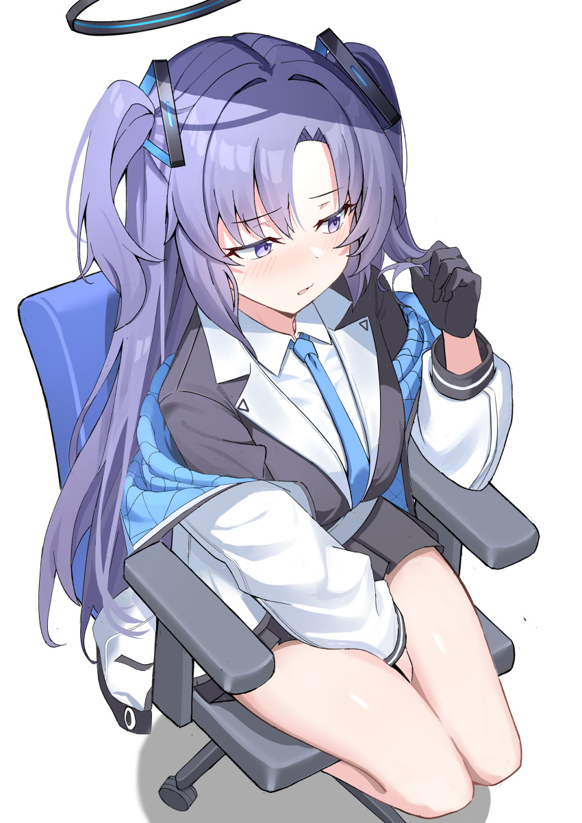 1girl, absurdres, black_gloves, black_skirt, blue_archive, blue_necktie, blush, closed_mouth