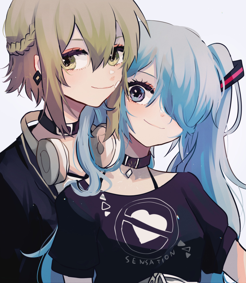2girls, alternate_bangs, aqua_eyes, aqua_hair, bandaid, bandaid_on_cheek, bandaid_on_face, black_collar, black_shirt, bra_strap, braid, closed_mouth, collar, earrings, french_braid, gomiyama, green_eyes, green_hair, gumi, hair_between_eyes, hair_over_one_eye, hatsune_miku, headphones, headphones_around_neck, highres, jewelry, long_hair, looking_at_viewer, multiple_girls, shirt, short_hair, short_sleeves, smile, twintails, upper_body, vocaloid, white_background, white_headphones