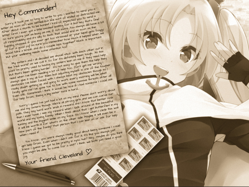 1girl, azur_lane, cleveland_(azur_lane), english_text, letter, long_hair, pen, united_states_postal_service