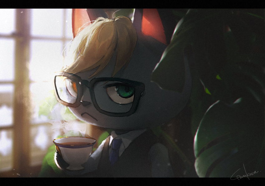 1boy, animal_crossing, black_vest, blonde_hair, blue_necktie, cat_boy, closed_mouth, collared_shirt