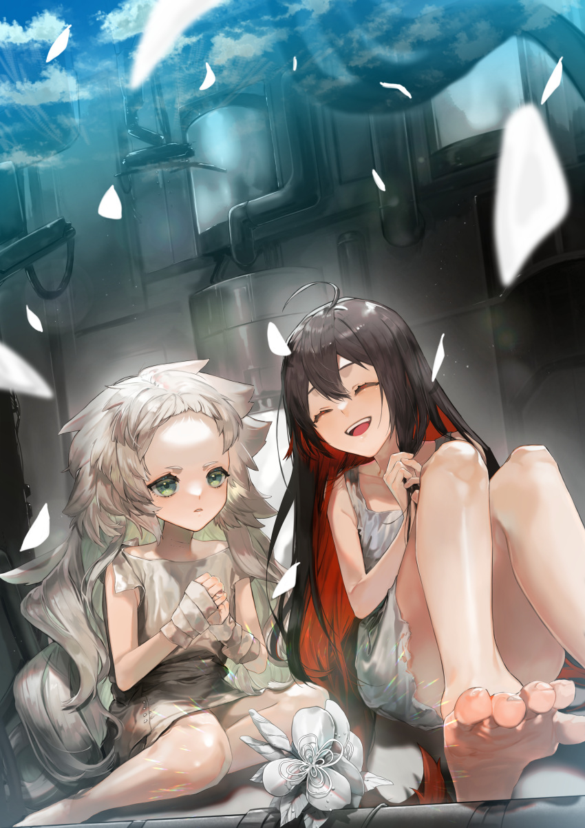 2girls, absurdres, ahoge, alchemy_stars, bandaged_head, bandages, bare_legs, barefoot