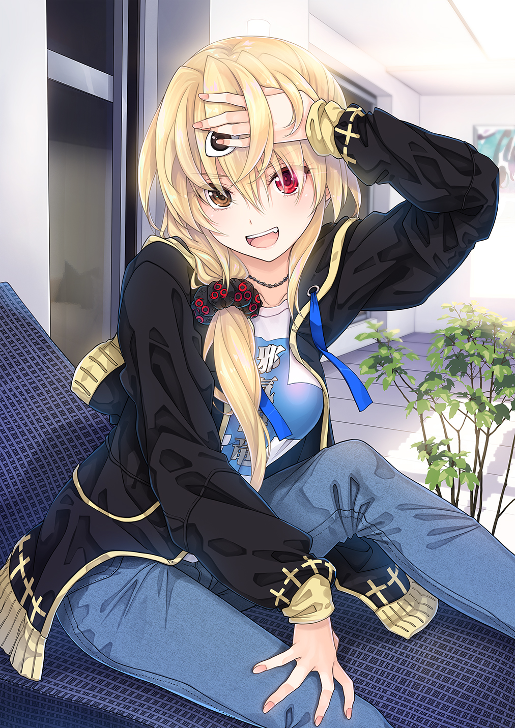 1girl, black_coat, blonde_hair, bontenmaru_(oda_nobuna_no_yabou), coat, denim, eyepatch, eyepatch_lift