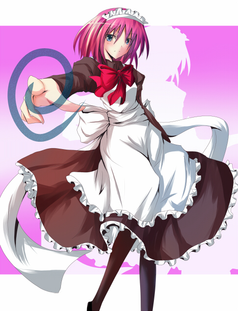 anata_wo_hannin_desu, blue_eyes, hisui, hitsuji_(pixiv), maid, maid_headdress, melty_blood, pink_hair, pixiv, pointing, ribbon, short_hair, tsukihime, type-moon