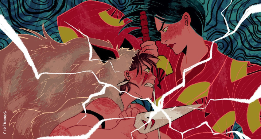 2girls, cape, dagger, derivative_work, eboshi, fur_cape, highres, holding