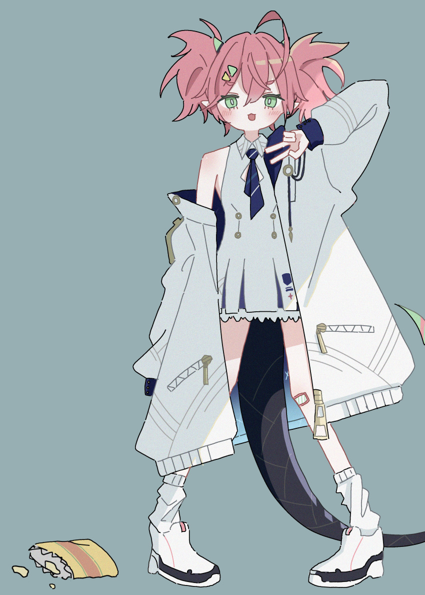 1girl, absurdres, ahoge, bag_of_chips, bandaid, bandaid_on_knee, bandaid_on_leg, bare_shoulders