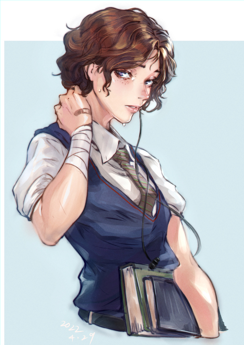 1girl, absurdres, bandaged_wrist, bandages, bandaid, bandaid_on_hand, blue_background, blue_sweater_vest
