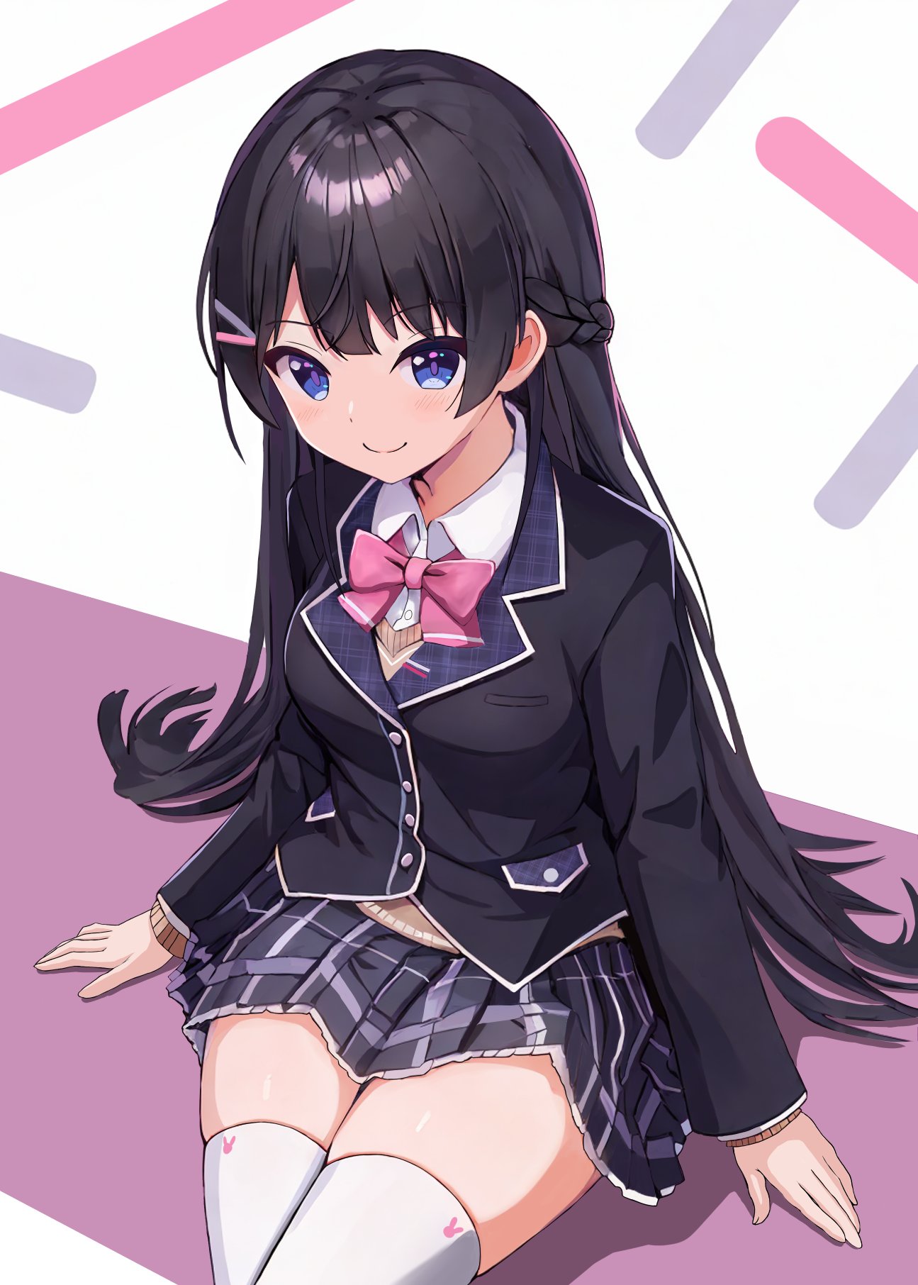 1girl, arm_rest, arms_at_sides, bangs_pinned_back, black_hair, black_jacket, black_skirt, blazer, blue_eyes, bow, bowtie, braid, closed_mouth, cowboy_shot, crossed_legs, dot_nose, french_braid, frilled_skirt, frills, hair_ornament, hairpin, highres, jacket, long_hair, long_sleeves, looking_at_viewer, miniskirt, nijisanji, pink_bow, pink_bowtie, plaid, plaid_skirt, pleated_skirt, purple_pupils, school_uniform, sidelocks, sitting, skirt, smile, solo, straight_hair, thigh-highs, tooo88, tsukino_mito, virtual_youtuber, white_thighhighs, zettai_ryouiki