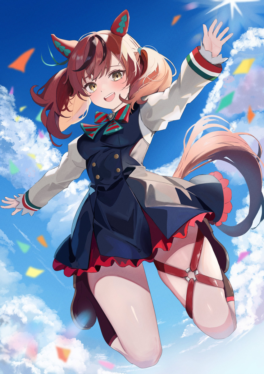 1girl, :d, absurdres, animal_ears, black_dress, brown_hair, dress, ear_covers, from_below, full_body, hair_between_eyes, highres, himmel_gewalt, horse_ears, horse_girl, horse_tail, legs_up, long_hair, long_sleeves, looking_at_viewer, multicolored_hair, nice_nature_(umamusume), pinafore_dress, sleeveless, sleeveless_dress, smile, solo, streaked_hair, tail, twintails, umamusume, yellow_eyes