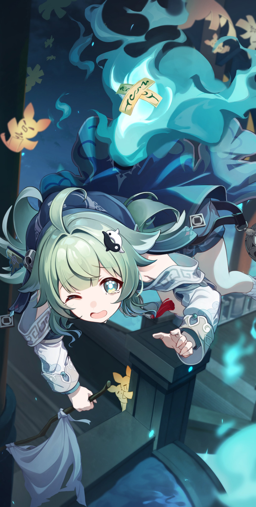 1girl, :d, absurdres, ahoge, amanai_daisy, blue_dress, blue_fire, blue_pupils