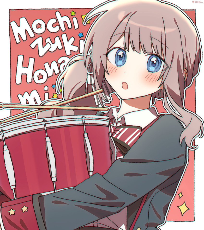 1girl, :o, black_jacket, blue_eyes, blush, border, brown_hair, character_name, cocov, collared_shirt, dot_nose, drum, drumsticks, highres, holding, holding_instrument, hugging_object, instrument, jacket, long_hair, mochizuki_honami, outline, outside_border, project_sekai, shirt, side_ponytail, sidelocks, sleeve_cuffs, solo, sparkle, star_(symbol), twitter_username, upper_body, white_border, white_outline, white_shirt
