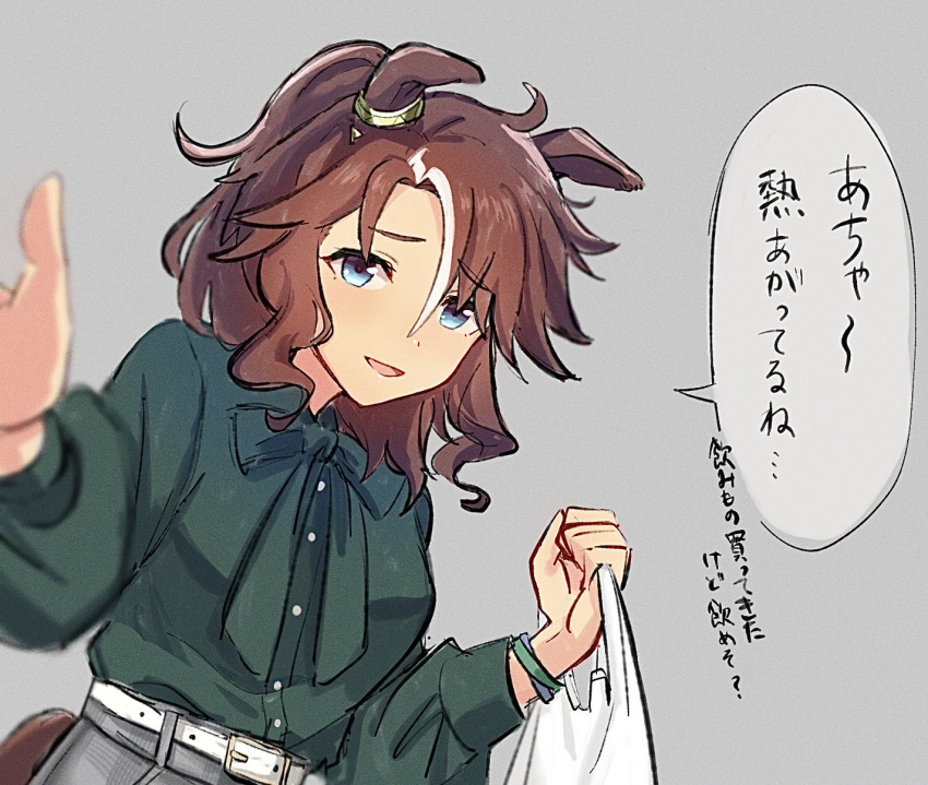 1girl, animal_ears, bag, belt, blue_eyes, brown_hair, green_bracelet, green_shirt