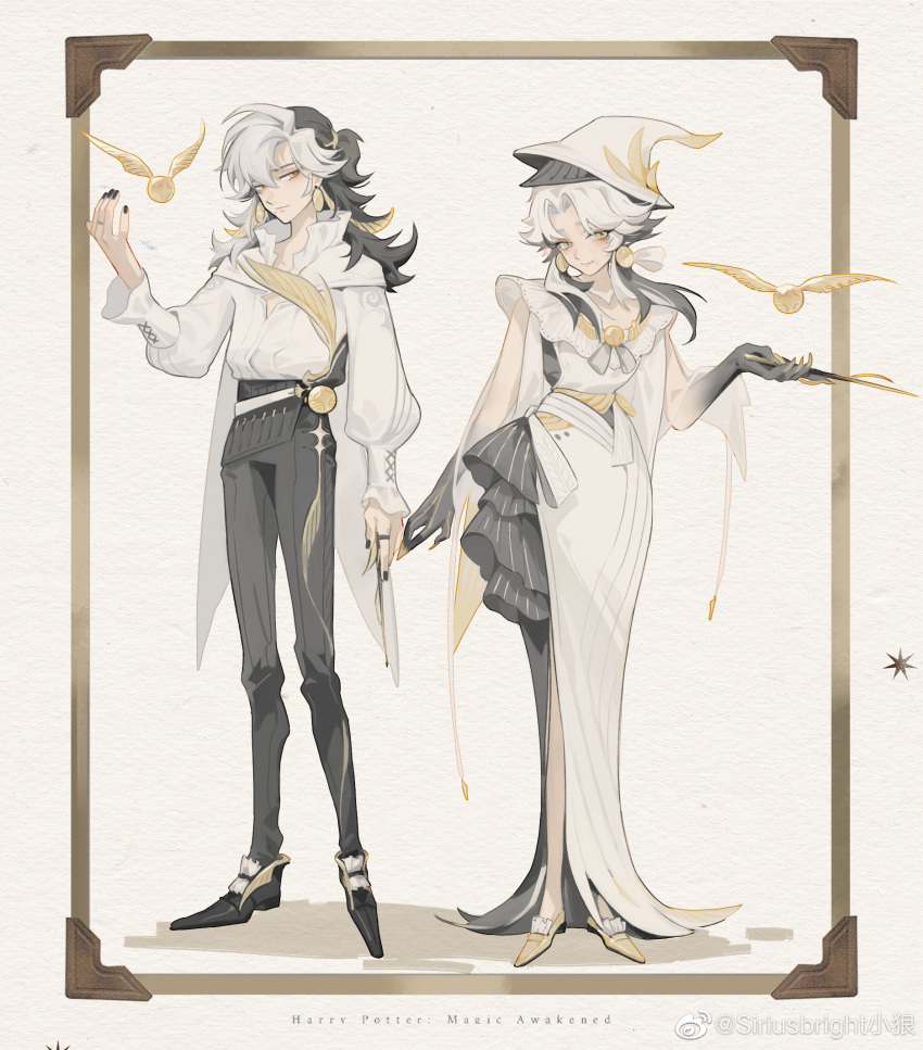 1boy, 1girl, alternate_costume, black_dress, black_footwear, black_hair, black_nails, black_pants