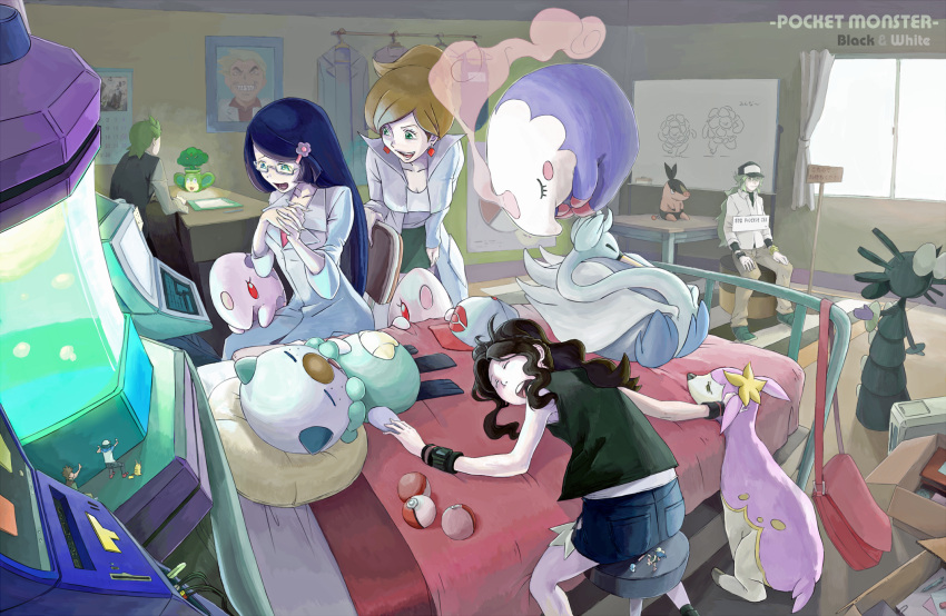 2boys, 3girls, araragi_(pokemon), bag, bed, deerling, dent_(pokemon), earrings