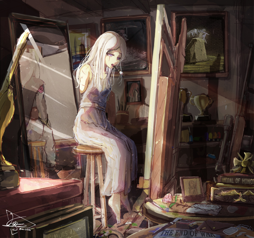 1girl, amputee, armless_amputee, barefoot, canvas_(object), commentary, different_reflection, double_amputee