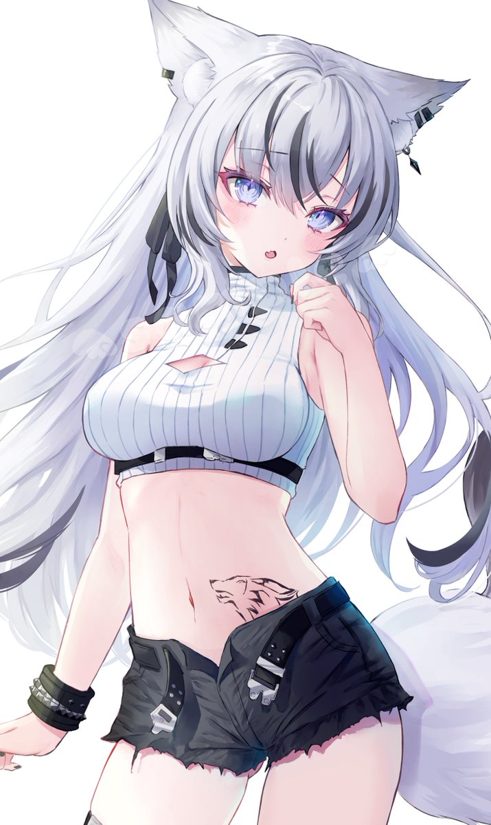 1girl, animal_ears, black_hair, black_shorts, blue_eyes, breast_cutout, breasts, cleavage_cutout