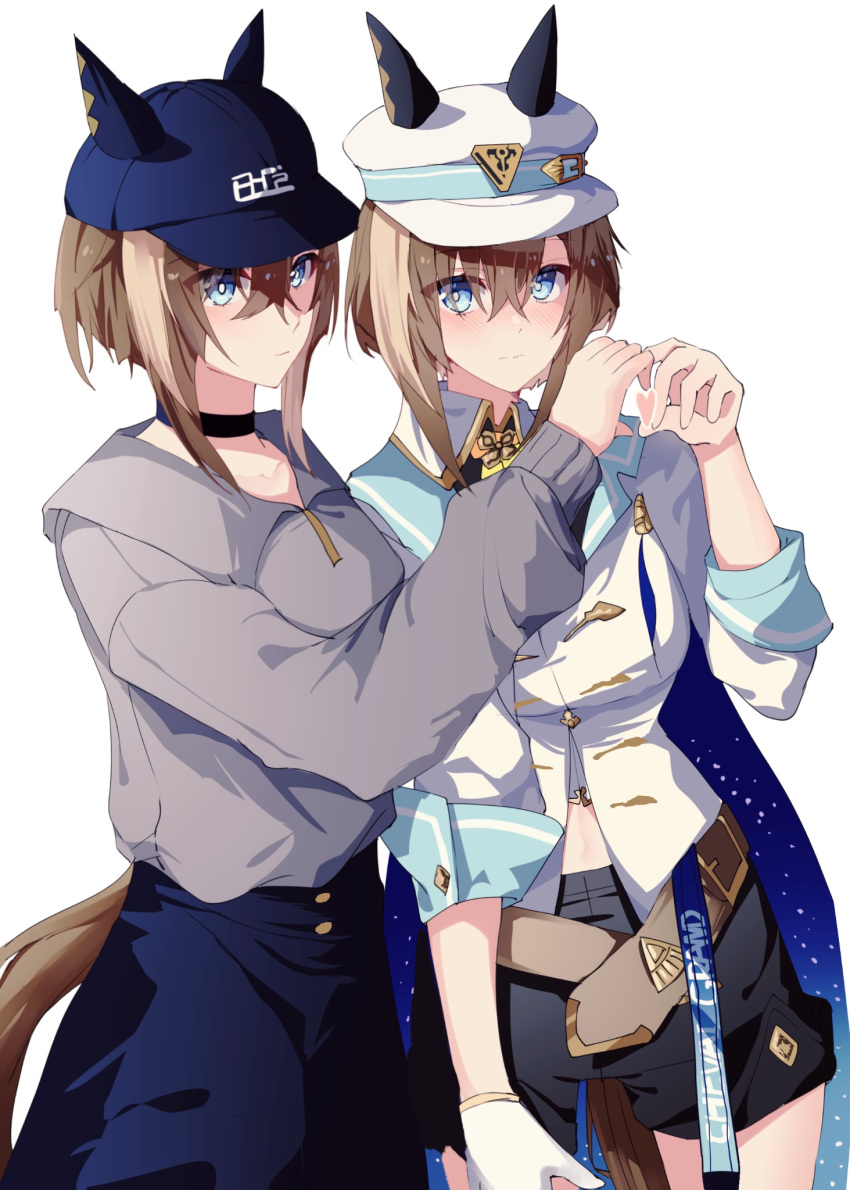 1girl, animal_ears, baseball_cap, black_shorts, blue_eyes, blue_headwear, breasts, brown_hair