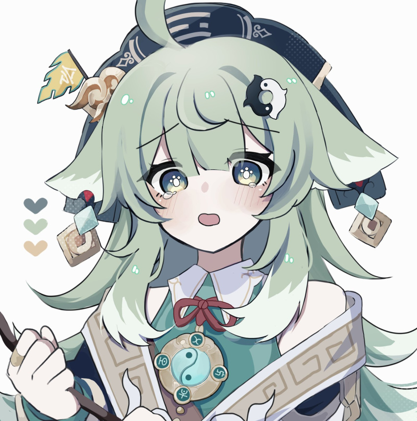 1girl, :o, ahoge, bare_shoulders, blue_headwear, blush, collared_shirt, color_guide
