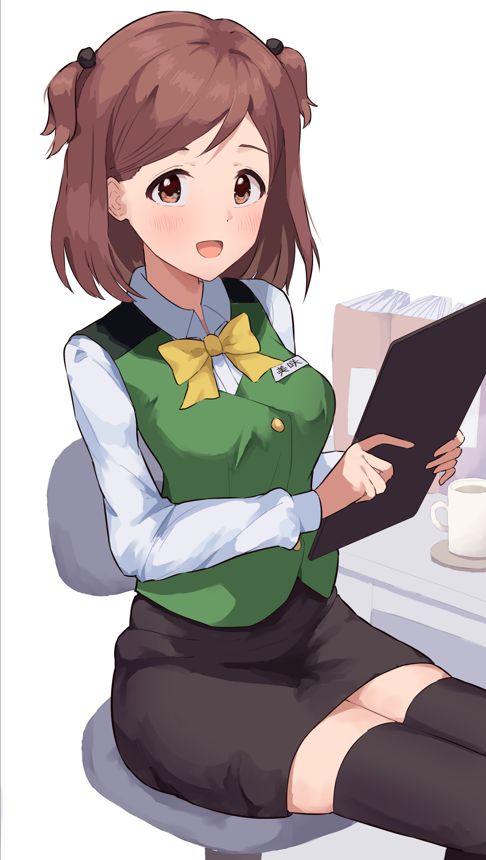 1girl, aoba_misaki, black_skirt, blush, bow, bowtie, breasts, chair