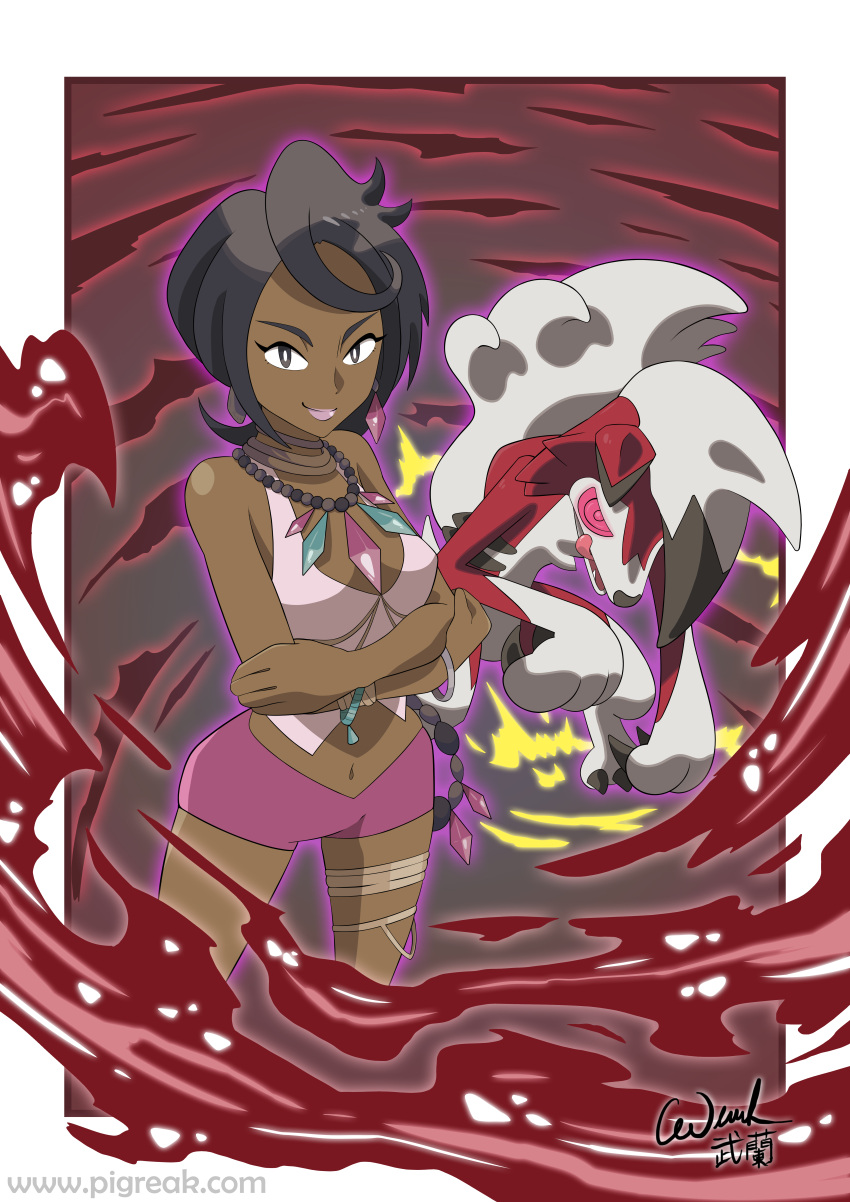 1girl, absurdres, aqua_gemstone, arms_under_breasts, bare_shoulders, bead_necklace, beads, black_hair, bracelet, breasts, crop_top, crossed_arms, dark-skinned_female, dark_skin, diamond_(gemstone), diamond_(shape), diamond_earrings, earrings, halter_shirt, halterneck, highres, jewelry, lycanroc, lycanroc_(midnight), midriff, navel, neck_ring, necklace, official_style, olivia_(pokemon), pigreak, pink_gemstone, pink_lips, pink_shirt, pokemon, pokemon_(creature), pokemon_sm, purple_shorts, shirt, short_hair, shorts, wolf