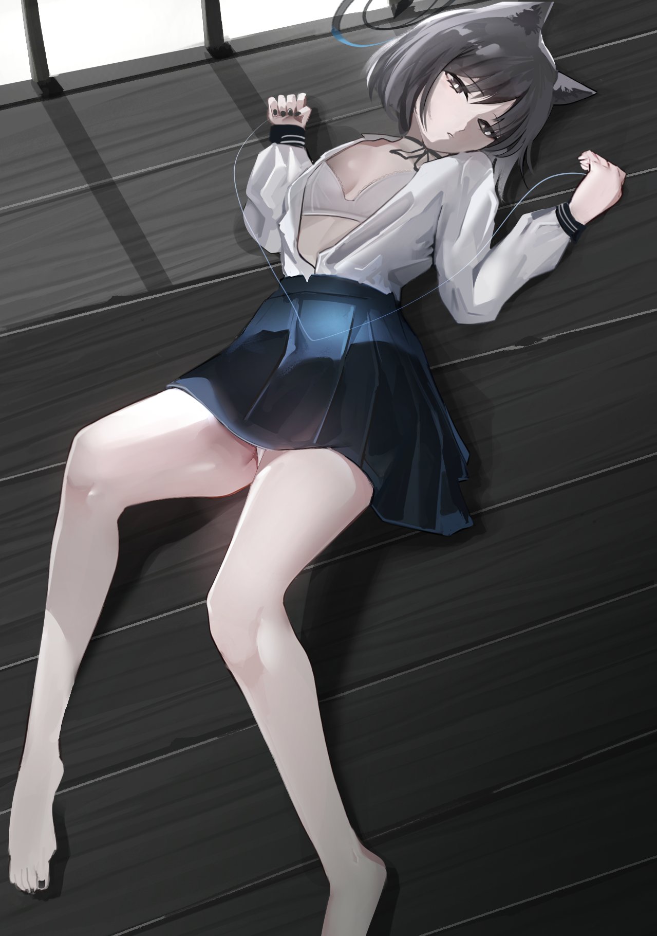 animal_ears, black_nails, blue_archive, blue_halo, blue_neckerchief, cat's_cradle, cat_ears, cat_tail