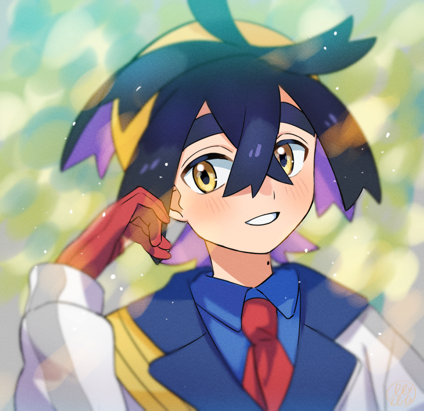 1boy, black_hair, blue_shirt, blurry, blush, collared_shirt, commentary_request, crossed_bangs