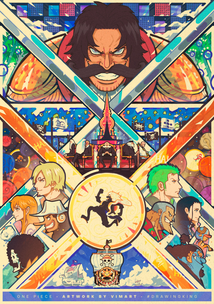 2girls, 6+boys, absurdres, afro, alternate_form, artist_name, bald, black_hair, blonde_hair, blood, blue_hair, blue_skin, brook_(one_piece), cigarette, clenched_hands, colored_skin, copyright_name, curly_eyebrows, english_commentary, english_text, epaulettes, ethan-baron_v._nusjuro, facial_hair, fish_boy, flag, franky_(one_piece), gear_fifth, goatee, going_merry, gol_d._roger, green_hair, grin, highres, imu_(one_piece), jaygarcia_saturn, jinbe_(one_piece), laughing, long_hair, looking_at_viewer, marcus_mars, monkey_d._luffy, multiple_boys, multiple_girls, mustache, nami_(one_piece), nico_robin, nosebleed, one_piece, orange_hair, planet, poneglyph, reindeer, roronoa_zoro, sandals, sanji_(one_piece), shepherd_ju_peter, ship, short_hair, sitting, skeleton, smile, sword, thousand_sunny, throne, tony_tony_chopper, topman_warcury, vimart, watercraft, weapon, white_hair
