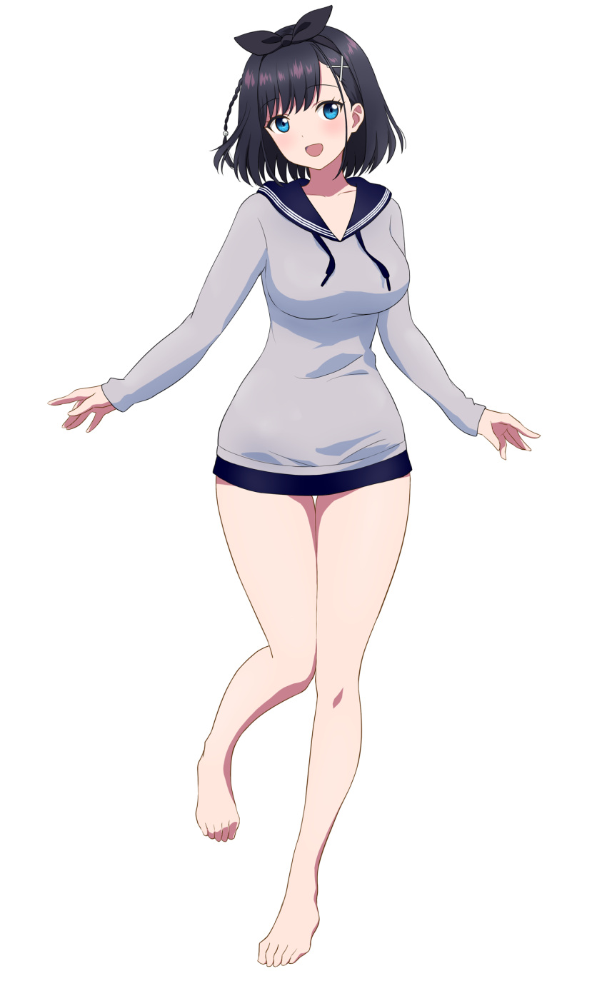 1girl, :d, absurdres, aika_(amatsuji), bare_legs, barefoot, black_hair, black_ribbon, blue_eyes, blue_sailor_collar, blue_skirt, blush, borrowed_character, braid, breasts, commentary, commission, curvy, eyelashes, feet, full_body, grey_shirt, hair_between_eyes, hair_ornament, hair_ribbon, happy, high_heels, highres, knees_together_feet_apart, komatsu_(sakanae), large_breasts, looking_at_viewer, medium_hair, miniskirt, open_mouth, original, pixiv_commission, ribbon, sailor_collar, shirt, simple_background, single_braid, skirt, sleeves_past_wrists, smile, solo, standing, straight_hair, thigh_gap, thighs, toes, transparent_background, x_hair_ornament, zettai_ryouiki