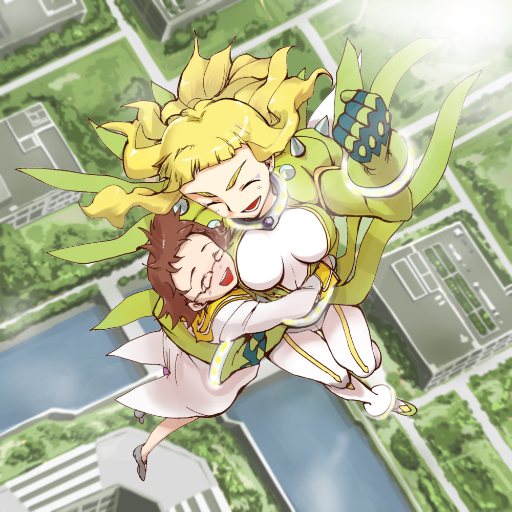 aoba_(smartbeat), blonde_hair, bodysuit, brown_hair, closed_eyes, eyeshadow, flying, glasses