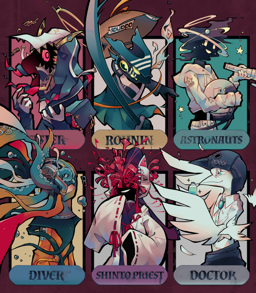 6+others, :d, absurdres, aiming, aiming_at_viewer, air_bubble, ambiguous_gender, aqua_cloak
