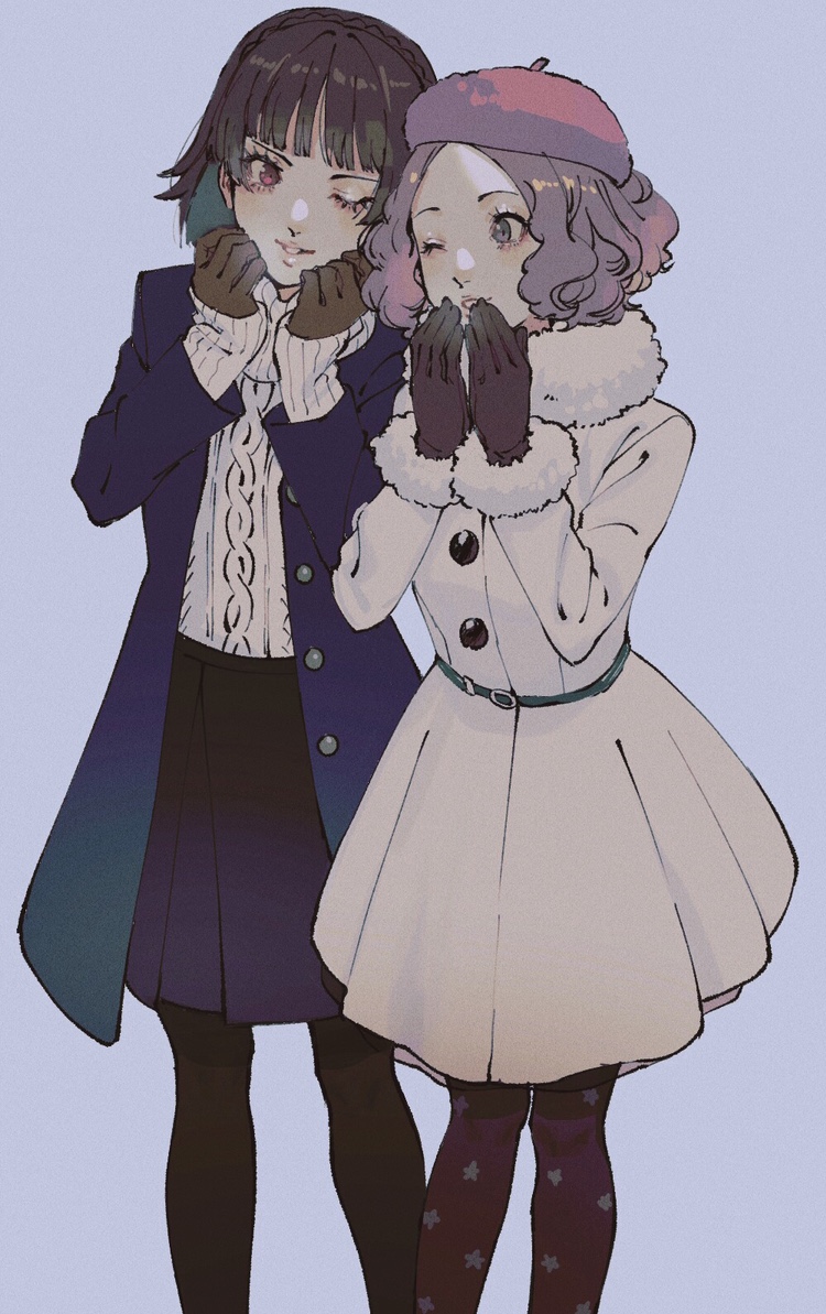 2girls, black_pantyhose, blue_skirt, breathing_on_hands, brown_eyes, brown_gloves, brown_hair, coat