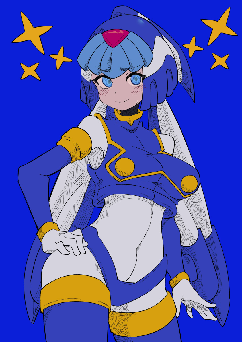 1girl, absurdres, android, blue_background, blue_eyes, blue_headwear, breasts, buzzlyears