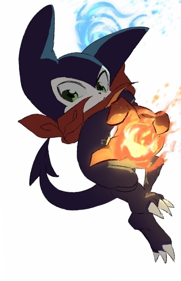1other, bandana, blue_fire, colored_skin, demon, demon_tail, digimon, fire
