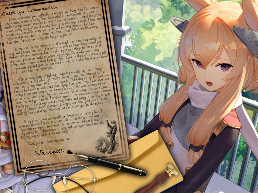 1girl, azur_lane, colorized, english_text, glasses, ink_pen, letter, long_hair