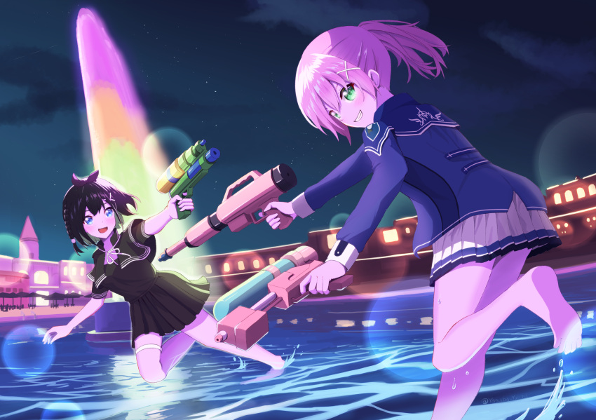2girls, :d, aika_(amatsuji), barefoot, black_hair, black_sailor_collar, black_shirt, black_skirt