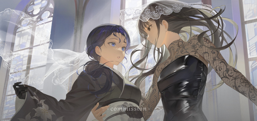 2girls, absurdres, aheuretokki, black_dress, black_gloves, black_hair, black_kimono, blue_eyes