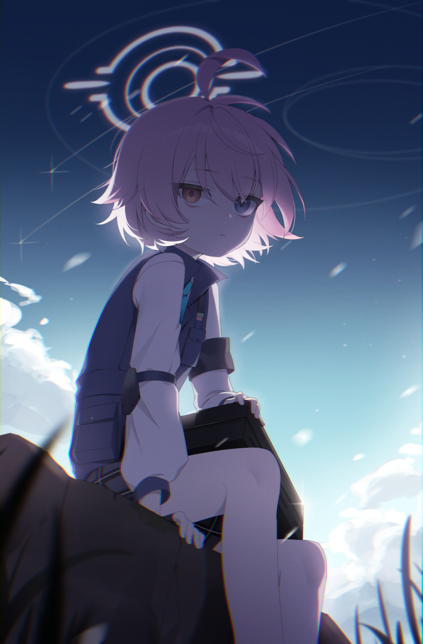 1girl, absurdres, ahoge, black_skirt, black_vest, blue_archive, blue_eyes, blue_necktie