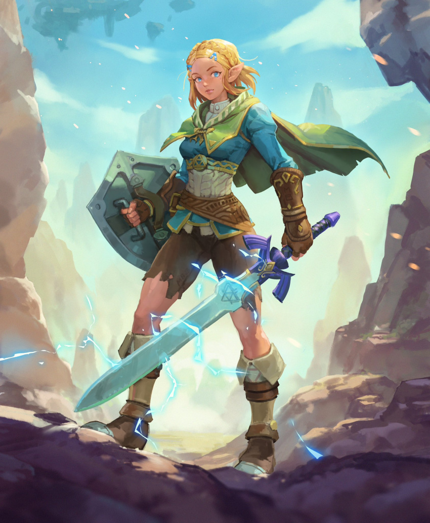 1girl, blonde_hair, blue_eyes, blue_shirt, boots, braid, brown_pants, capelet, crown_braid, green_capelet, hair_ornament, hairclip, highres, holding, holding_shield, holding_sword, holding_weapon, hood, hooded_capelet, leather, leather_boots, lips, looking_at_viewer, marc_brunet, master_sword, pants, pointy_ears, princess_zelda, shield, shirt, short_hair, solo, standing, sword, the_legend_of_zelda, the_legend_of_zelda:_tears_of_the_kingdom, torn_clothes, torn_pants, weapon