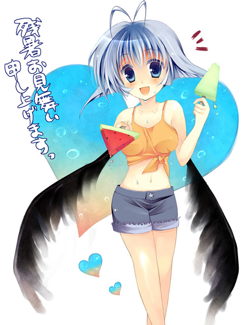 antenna_hair, bare_legs, bare_shoulders, black_wings, blue_eyes, blue_hair, casual, contemporary