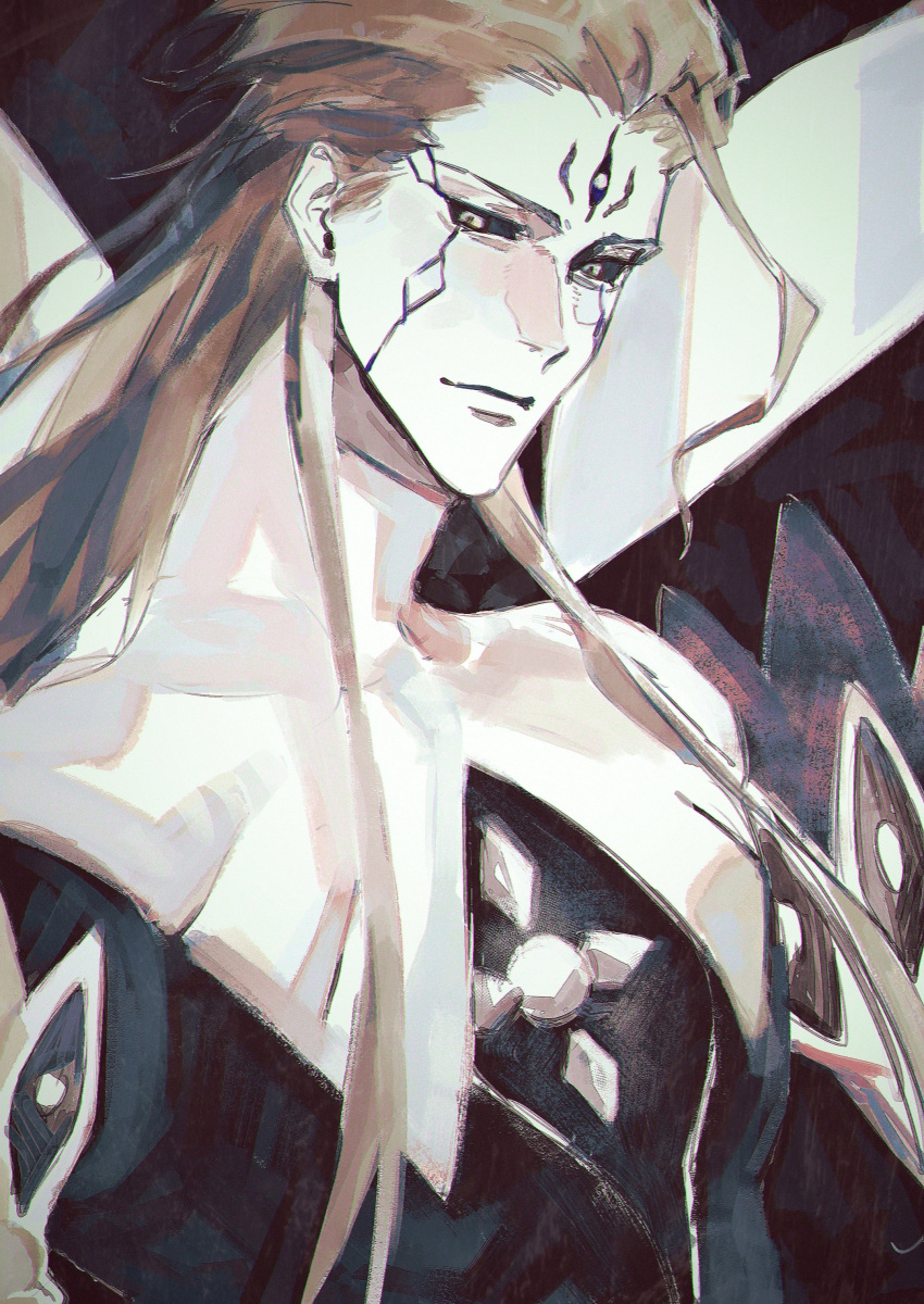 1boy, absurdres, aizen_sousuke, alternate_form, black_background, black_sclera, bleach, bleach:_brave_souls, brown_hair, colored_sclera, detached_arm, detached_wings, extra_eyes, facial_mark, hair_pulled_back, high_collar, highres, hogyoku_(bleach), kuzawa_e, light_smile, long_hair, looking_at_viewer, loose_hair_strand, male_focus, official_alternate_costume, official_alternate_hair_length, official_alternate_hairstyle, pale_skin, solo, upper_body, white_eyes, wings