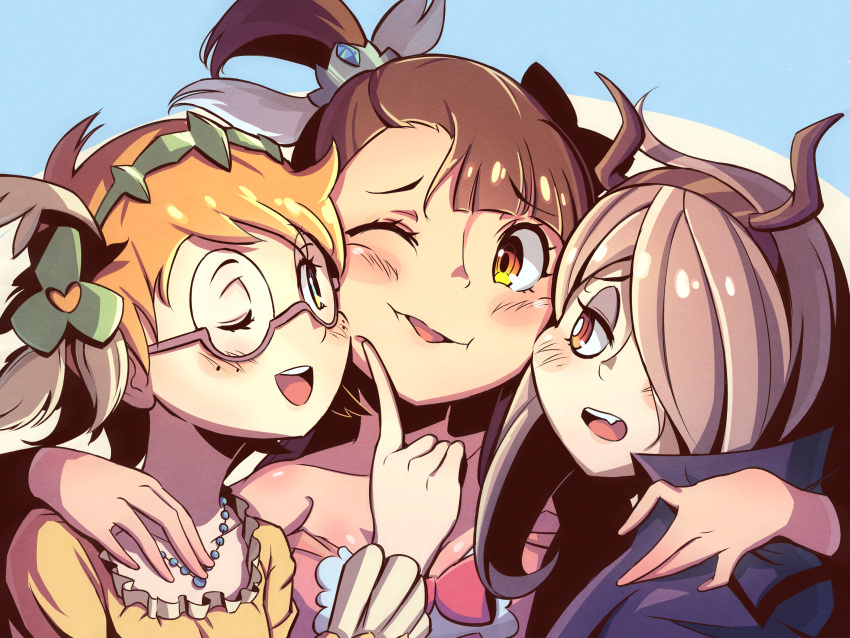 3girls, ;p, absurdres, black_bow, blonde_hair, blue_background, bow, brown_hair